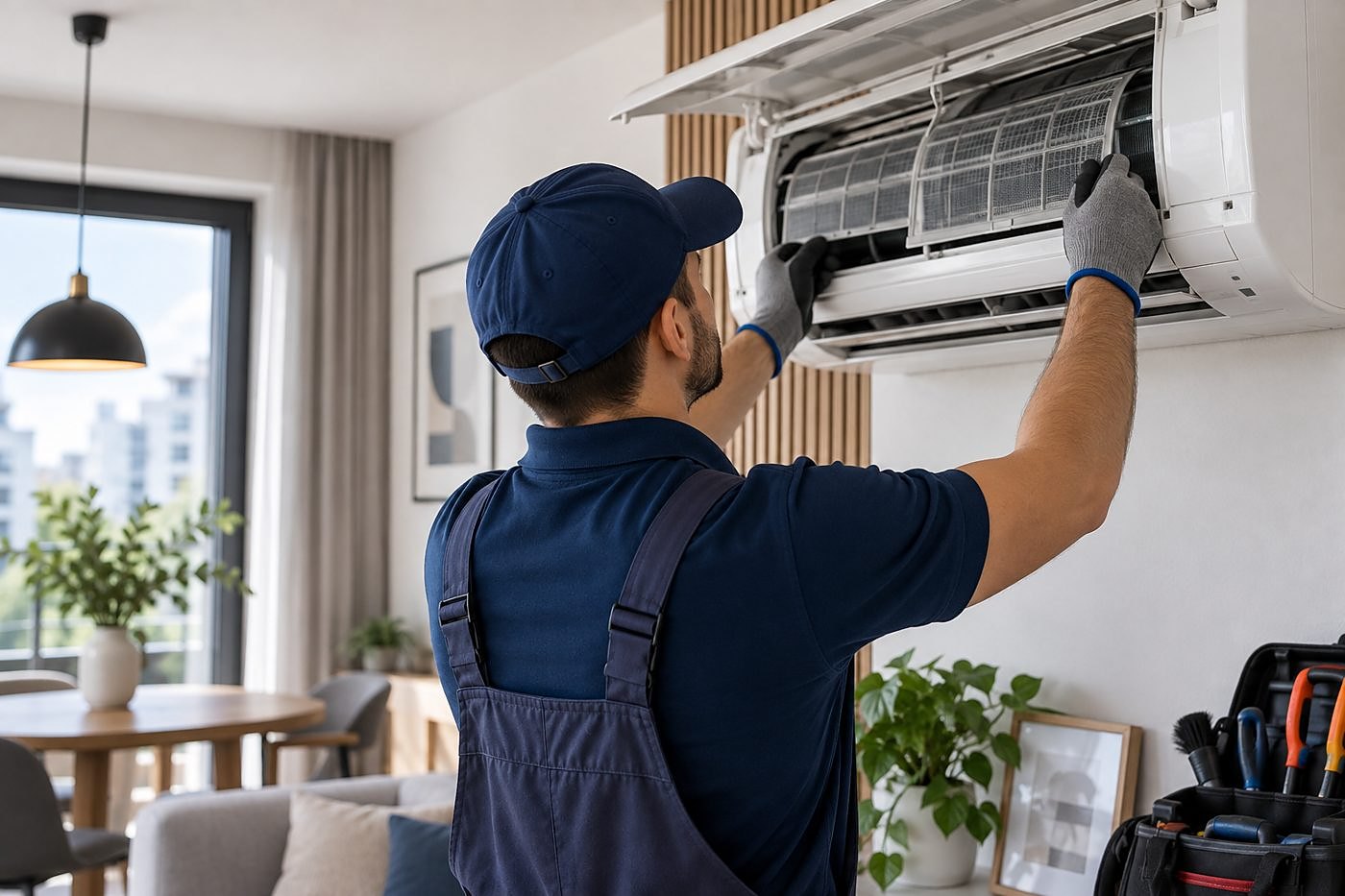 Engineer carrying out a routine service on an indoor air conditioning unit